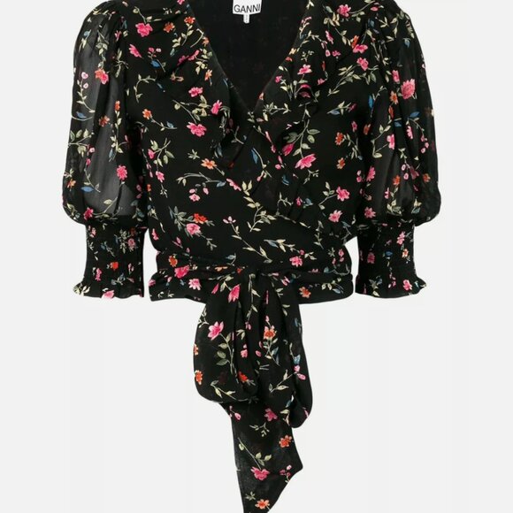 GANNI Elm Floral Print Georgette Wrap Top - Picture 3 of 6